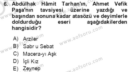 Tanzimat Dönemi Türk Edebiyatı 2 Dersi 2021 - 2022 Yılı Yaz Okulu Sınavı 6. Soru