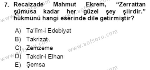 Tanzimat Dönemi Türk Edebiyatı 2 Dersi 2021 - 2022 Yılı Yaz Okulu Sınavı 7. Soru