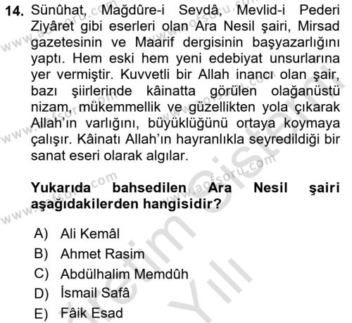 Tanzimat Dönemi Türk Edebiyatı 2 Dersi 2022 - 2023 Yılı Yaz Okulu Sınavı 14. Soru