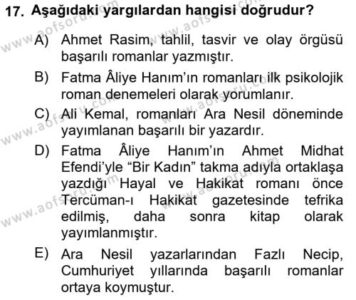Tanzimat Dönemi Türk Edebiyatı 2 Dersi 2022 - 2023 Yılı Yaz Okulu Sınavı 17. Soru