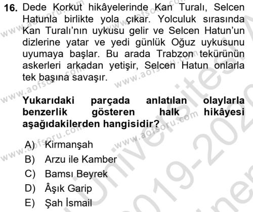 Halk Hikayeleri Dersi 2019 - 2020 Yılı (Final) Dönem Sonu Sınavı 16. Soru