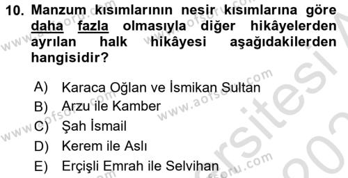 Halk Hikayeleri Dersi 2022 - 2023 Yılı Yaz Okulu Sınavı 10. Soru