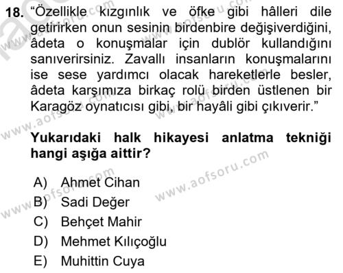 Halk Hikayeleri Dersi 2022 - 2023 Yılı Yaz Okulu Sınavı 18. Soru