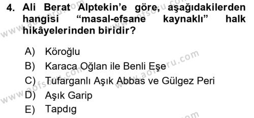 Halk Hikayeleri Dersi 2022 - 2023 Yılı Yaz Okulu Sınavı 4. Soru