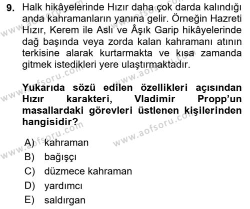 Halk Hikayeleri Dersi 2022 - 2023 Yılı Yaz Okulu Sınavı 9. Soru