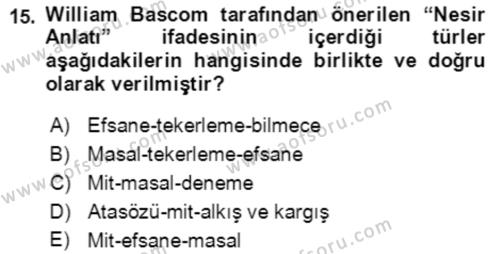 Halk Masalları Dersi 2017 - 2018 Yılı (Final) Dönem Sonu Sınavı 15. Soru