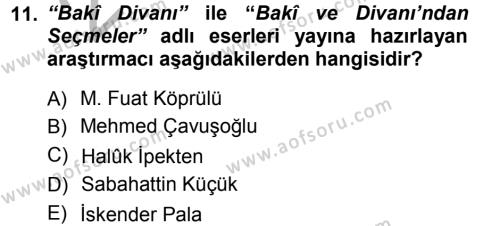 XVI. Yüzyıl Türk Edebiyatı Dersi 2012 - 2013 Yılı (Vize) Ara Sınavı 11. Soru