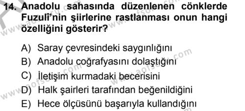 XVI. Yüzyıl Türk Edebiyatı Dersi 2012 - 2013 Yılı (Vize) Ara Sınavı 14. Soru