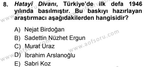 XVI. Yüzyıl Türk Edebiyatı Dersi 2012 - 2013 Yılı (Vize) Ara Sınavı 8. Soru