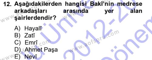 XVI. Yüzyıl Türk Edebiyatı Dersi 2012 - 2013 Yılı (Final) Dönem Sonu Sınavı 12. Soru