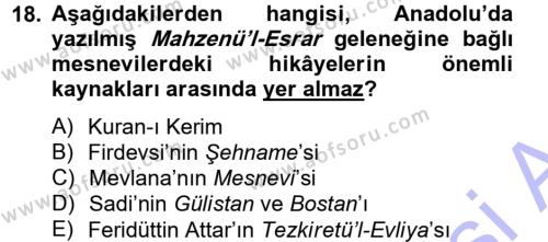 XVI. Yüzyıl Türk Edebiyatı Dersi 2012 - 2013 Yılı (Final) Dönem Sonu Sınavı 18. Soru