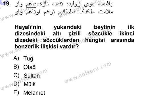 XVI. Yüzyıl Türk Edebiyatı Dersi 2013 - 2014 Yılı (Vize) Ara Sınavı 19. Soru