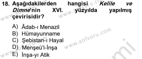 XVI. Yüzyıl Türk Edebiyatı Dersi 2013 - 2014 Yılı Tek Ders Sınavı 18. Soru