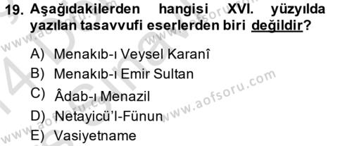 XVI. Yüzyıl Türk Edebiyatı Dersi 2013 - 2014 Yılı Tek Ders Sınavı 19. Soru