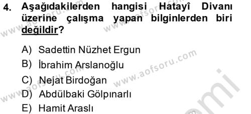 XVI. Yüzyıl Türk Edebiyatı Dersi 2013 - 2014 Yılı Tek Ders Sınavı 4. Soru