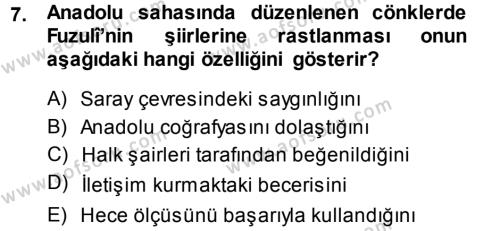 XVI. Yüzyıl Türk Edebiyatı Dersi 2013 - 2014 Yılı Tek Ders Sınavı 7. Soru