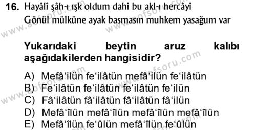XVI. Yüzyıl Türk Edebiyatı Dersi 2014 - 2015 Yılı (Vize) Ara Sınavı 16. Soru
