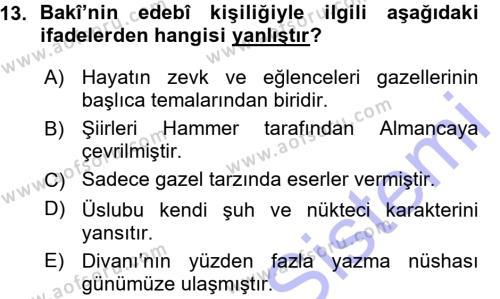 XVI. Yüzyıl Türk Edebiyatı Dersi 2015 - 2016 Yılı (Vize) Ara Sınavı 13. Soru
