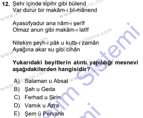 XVI. Yüzyıl Türk Edebiyatı Dersi 2015 - 2016 Yılı (Final) Dönem Sonu Sınavı 12. Soru