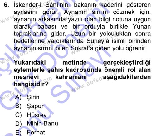 XVI. Yüzyıl Türk Edebiyatı Dersi 2015 - 2016 Yılı (Final) Dönem Sonu Sınavı 6. Soru