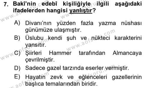 XVI. Yüzyıl Türk Edebiyatı Dersi 2015 - 2016 Yılı Tek Ders Sınavı 7. Soru