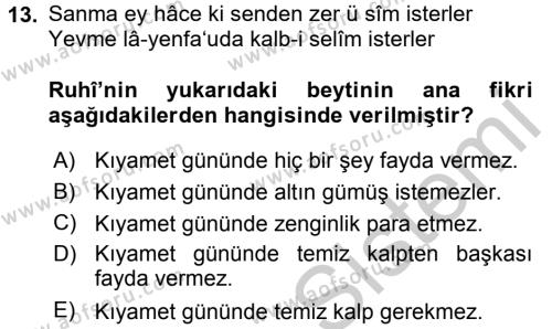 XVI. Yüzyıl Türk Edebiyatı Dersi 2016 - 2017 Yılı 3 Ders Sınavı 13. Soru