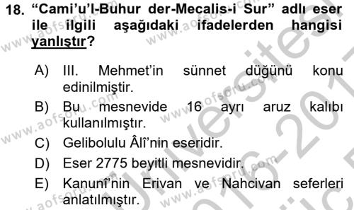 XVI. Yüzyıl Türk Edebiyatı Dersi 2016 - 2017 Yılı 3 Ders Sınavı 18. Soru