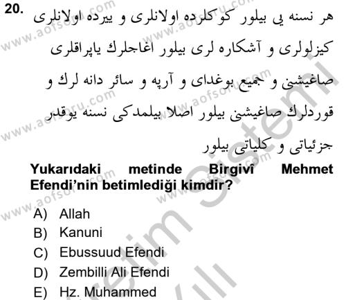 XVI. Yüzyıl Türk Edebiyatı Dersi 2016 - 2017 Yılı 3 Ders Sınavı 20. Soru