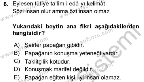 XVI. Yüzyıl Türk Edebiyatı Dersi 2016 - 2017 Yılı 3 Ders Sınavı 6. Soru