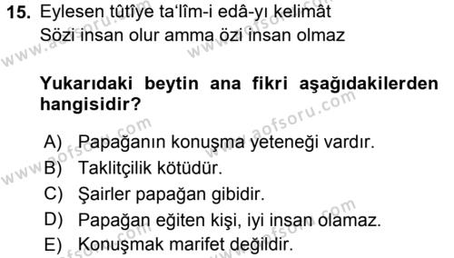 XVI. Yüzyıl Türk Edebiyatı Dersi 2016 - 2017 Yılı (Vize) Ara Sınavı 15. Soru