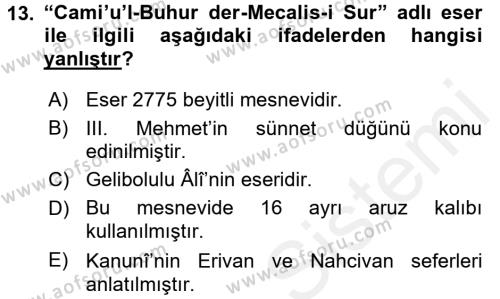 XVI. Yüzyıl Türk Edebiyatı Dersi 2016 - 2017 Yılı (Final) Dönem Sonu Sınavı 13. Soru
