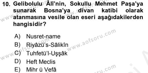 XVI. Yüzyıl Türk Edebiyatı Dersi 2017 - 2018 Yılı 3 Ders Sınavı 10. Soru