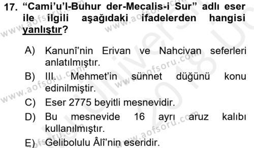 XVI. Yüzyıl Türk Edebiyatı Dersi 2017 - 2018 Yılı 3 Ders Sınavı 17. Soru