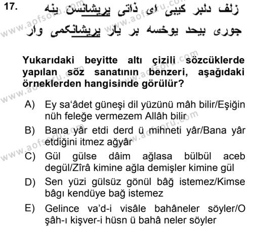 XVI. Yüzyıl Türk Edebiyatı Dersi 2017 - 2018 Yılı (Vize) Ara Sınavı 17. Soru