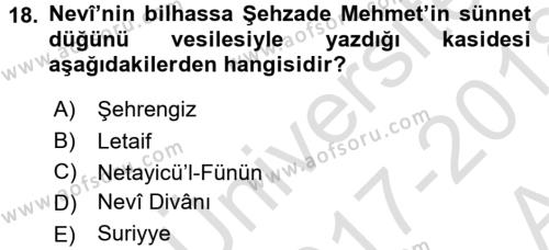 XVI. Yüzyıl Türk Edebiyatı Dersi 2017 - 2018 Yılı (Vize) Ara Sınavı 18. Soru