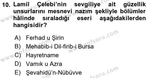 XVI. Yüzyıl Türk Edebiyatı Dersi 2018 - 2019 Yılı 3 Ders Sınavı 10. Soru