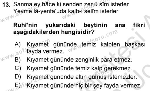 XVI. Yüzyıl Türk Edebiyatı Dersi 2018 - 2019 Yılı 3 Ders Sınavı 13. Soru