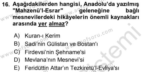 XVI. Yüzyıl Türk Edebiyatı Dersi 2018 - 2019 Yılı 3 Ders Sınavı 16. Soru