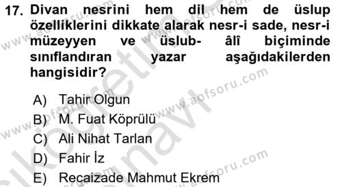 XVI. Yüzyıl Türk Edebiyatı Dersi 2018 - 2019 Yılı 3 Ders Sınavı 17. Soru