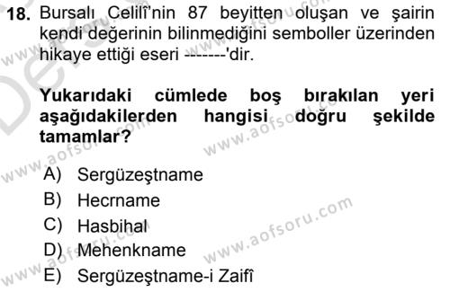 XVI. Yüzyıl Türk Edebiyatı Dersi 2018 - 2019 Yılı 3 Ders Sınavı 18. Soru