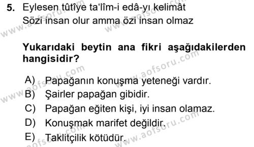 XVI. Yüzyıl Türk Edebiyatı Dersi 2018 - 2019 Yılı 3 Ders Sınavı 5. Soru