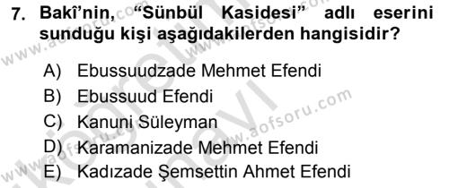 XVI. Yüzyıl Türk Edebiyatı Dersi 2018 - 2019 Yılı 3 Ders Sınavı 7. Soru