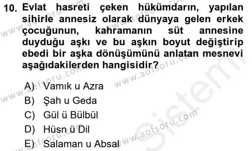 XVI. Yüzyıl Türk Edebiyatı Dersi 2018 - 2019 Yılı (Final) Dönem Sonu Sınavı 10. Soru