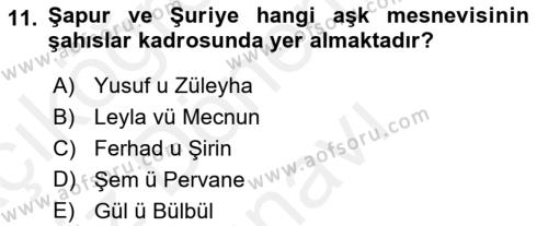 XVI. Yüzyıl Türk Edebiyatı Dersi 2018 - 2019 Yılı (Final) Dönem Sonu Sınavı 11. Soru