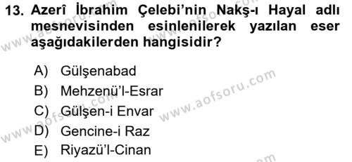 XVI. Yüzyıl Türk Edebiyatı Dersi 2018 - 2019 Yılı (Final) Dönem Sonu Sınavı 13. Soru