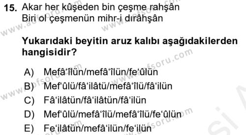 XVI. Yüzyıl Türk Edebiyatı Dersi 2018 - 2019 Yılı (Final) Dönem Sonu Sınavı 15. Soru