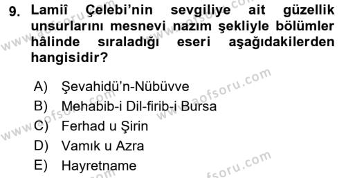 XVI. Yüzyıl Türk Edebiyatı Dersi 2018 - 2019 Yılı (Final) Dönem Sonu Sınavı 9. Soru