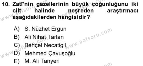 XVI. Yüzyıl Türk Edebiyatı Dersi 2018 - 2019 Yılı Yaz Okulu Sınavı 10. Soru