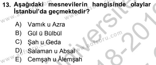 XVI. Yüzyıl Türk Edebiyatı Dersi 2018 - 2019 Yılı Yaz Okulu Sınavı 13. Soru