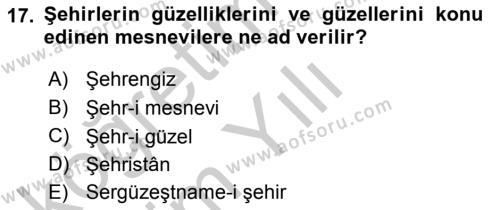 XVI. Yüzyıl Türk Edebiyatı Dersi 2018 - 2019 Yılı Yaz Okulu Sınavı 17. Soru